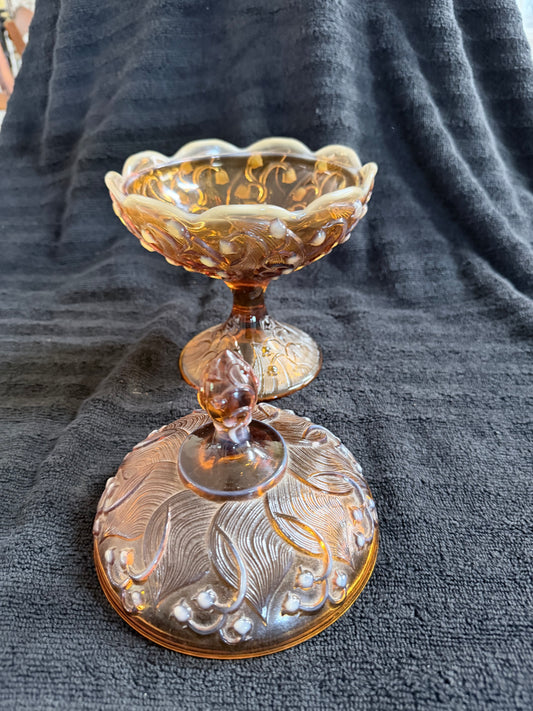 Fenton Lily of the Valley Candy Dish — Amber Cameo Opalescent, Footed, American Art Glass
