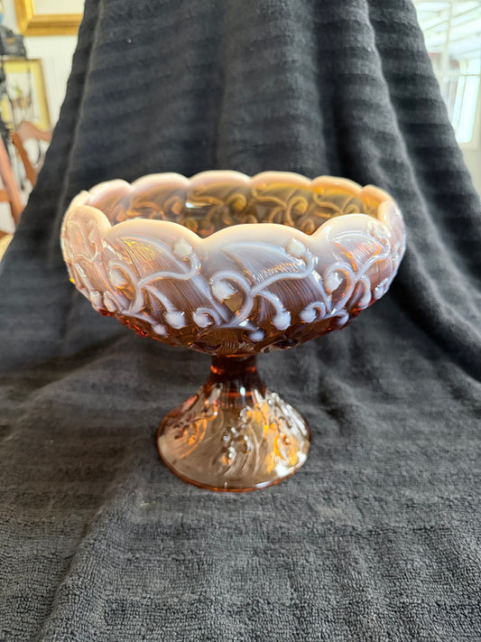 Fenton Lily of the Valley Cameo Opalescent Compote — Footed Bowl, American Art Glass