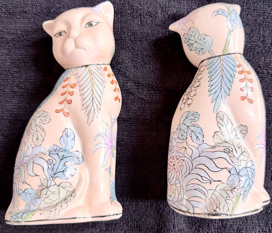 Vintage Chinese Hand-Painted Ceramic Cat Figurines — Floral Botanical Motif, Matched Pair