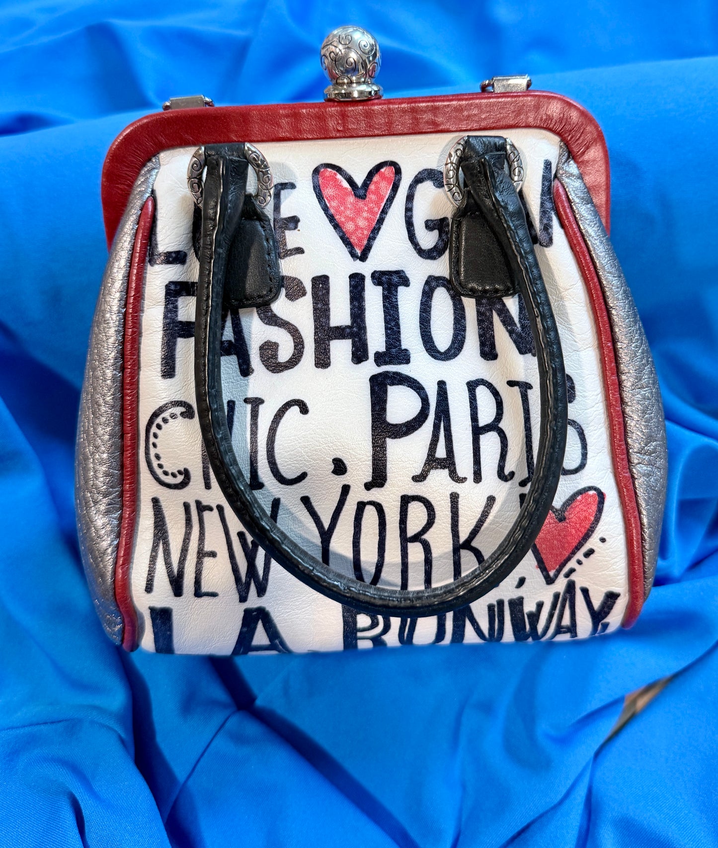 Brighton "Love Glam" Retired Kisslock Crossbody Bag – Red, White & Silver Leather