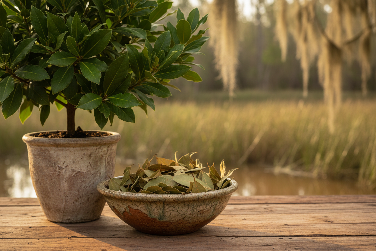 Bay Laurel Tree with Ceramic Bowl of Dried Bay Leaves