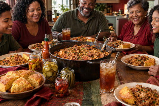 Cajun jambalaya supper with cornbread, sweet tea, condiment jars, and smiling family faces