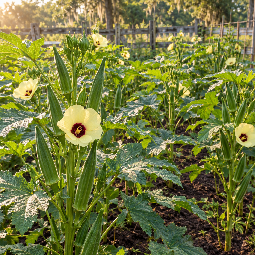 Flourishing okra patch with creamy yellow flowers and green pods in warm Louisiana sunlight