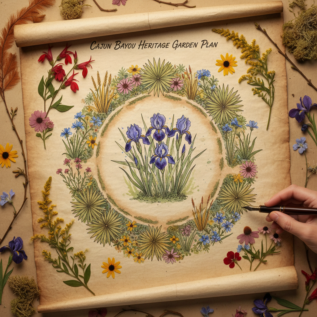 Hand-sketched native Louisiana heritage garden landscape plan with watercolor botanical accents