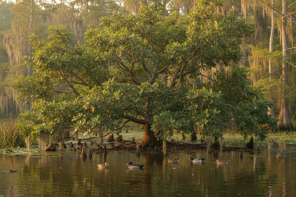 Water Oak (Quercus nigra) — fast-growing Louisiana bayou oak with spatula-shaped leaves and abundant acorns, Living Canopy & Understory, Big Mamou Enterprises