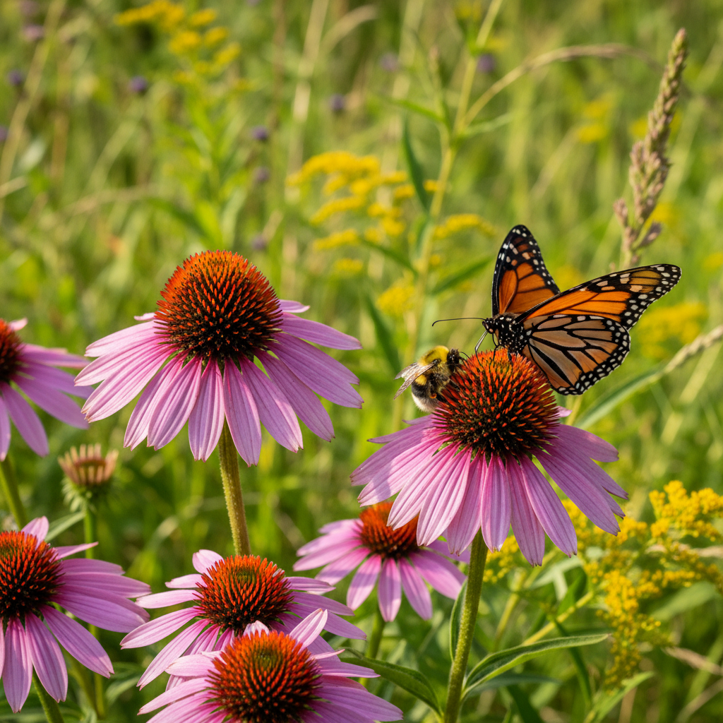 Purple Coneflower – glowing rose-purple daisy blooms with spiky copper-orange centers with monarch butterfly in Louisiana prairie garden