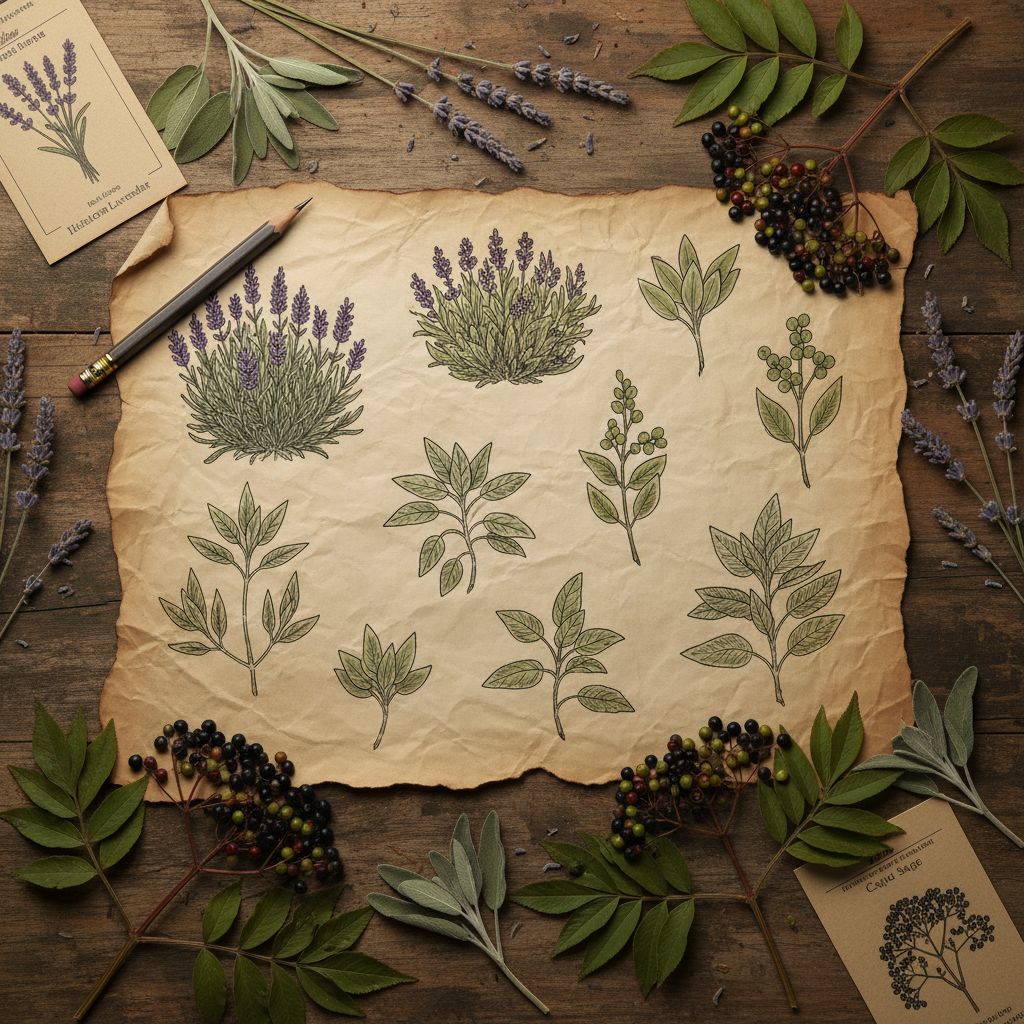 Hand-drawn healing garden plan on aged parchment with pressed botanical specimens