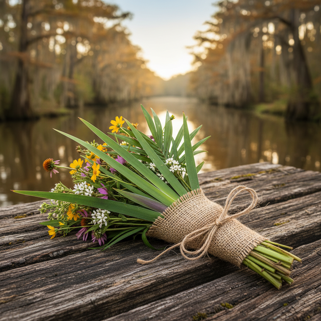 Burlap-wrapped bundle of native Louisiana plants on weathered cypress wood