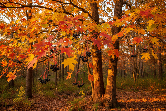 Sassafras (Sassafras albidum) — native aromatic tree with mitten-shaped leaves in brilliant fall color, Jardin Healing Garden, Big Mamou Enterprises