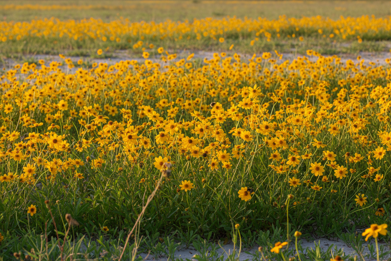 Lanceleaf Coreopsis (Coreopsis lanceolata) — native golden daisy wildflower of Louisiana roadsides and prairies, Prairie Movement Strip, Big Mamou Enterprises