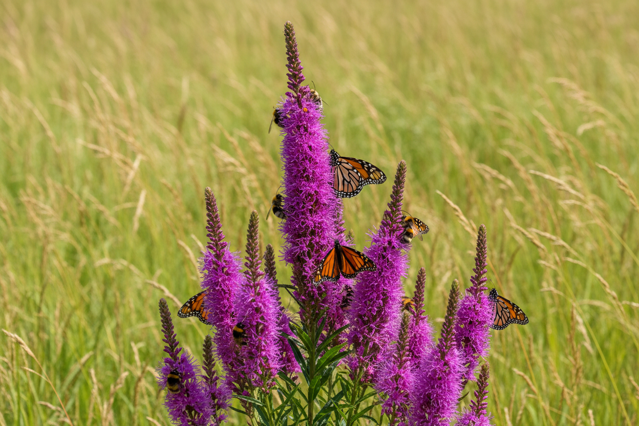 Prairie Blazing Star (Liatris pycnostachya) — tallest native Liatris with 5-foot purple monarch-magnet spikes, Living Canopy & Understory, Big Mamou Enterprises