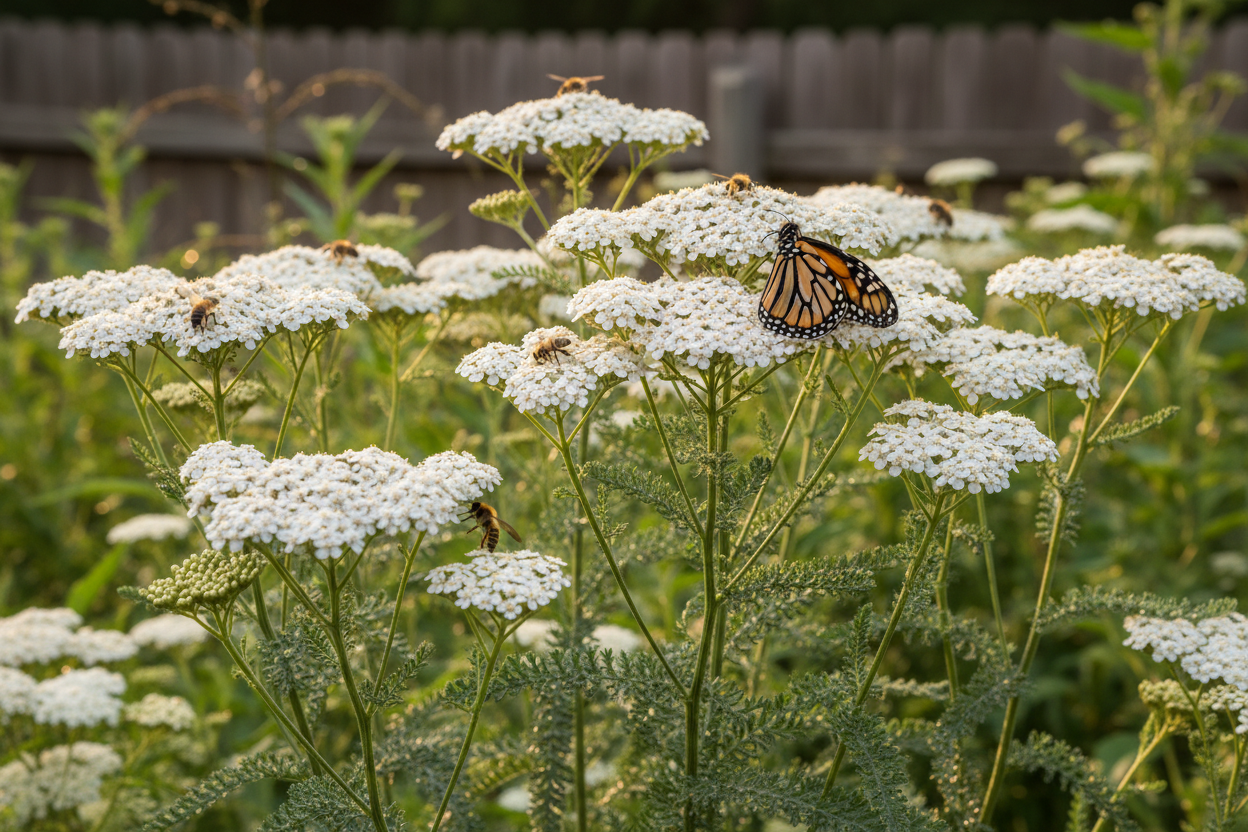 Yarrow (Achillea millefolium) — native healing herb with flat-topped white flower clusters, Jardin Healing Garden, Big Mamou Enterprises