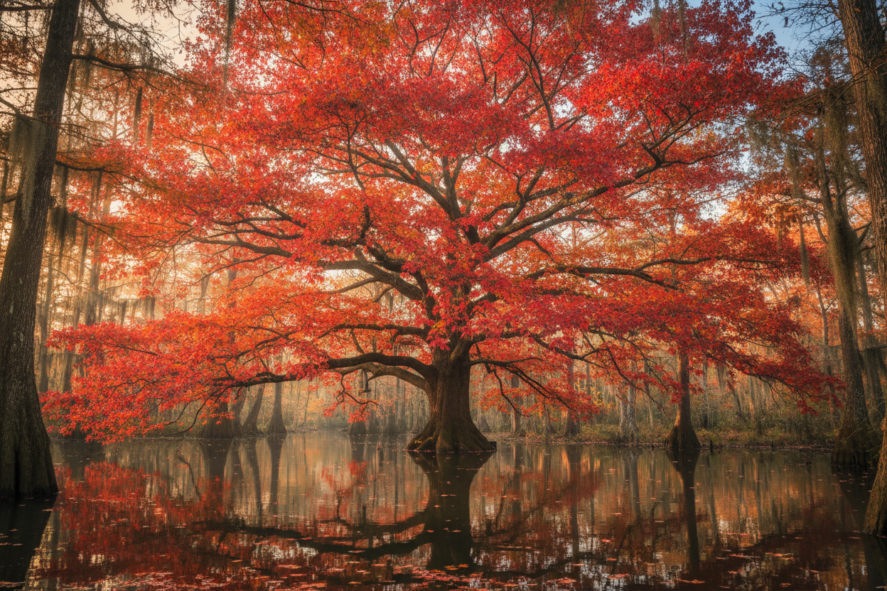 Swamp Red Maple (Acer rubrum var. drummondii) — native Louisiana bottomland maple with scarlet fall color in bayou water, Cajun Prairie Heritage, Big Mamou Enterprises