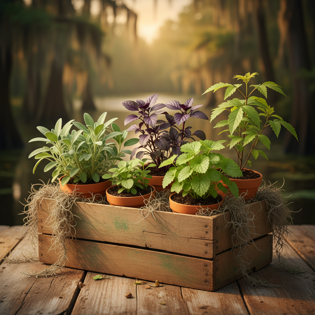 Rustic wooden crate of young potted medicinal herbs — sage, holy basil, lemon balm, bayou porch setting