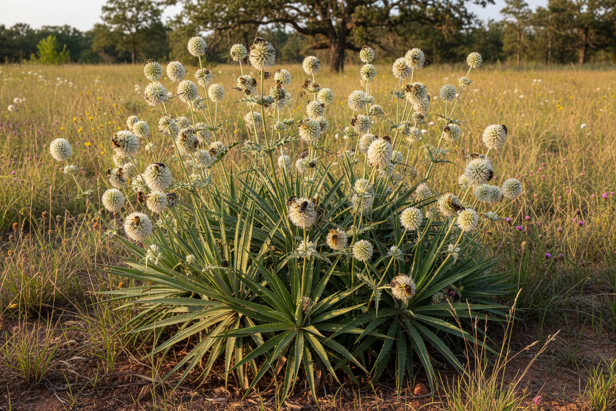 Rattlesnake Master (Eryngium yuccifolium) — dramatic architectural native prairie plant with spherical white blooms, Prairie Movement Strip, Big Mamou Enterprises