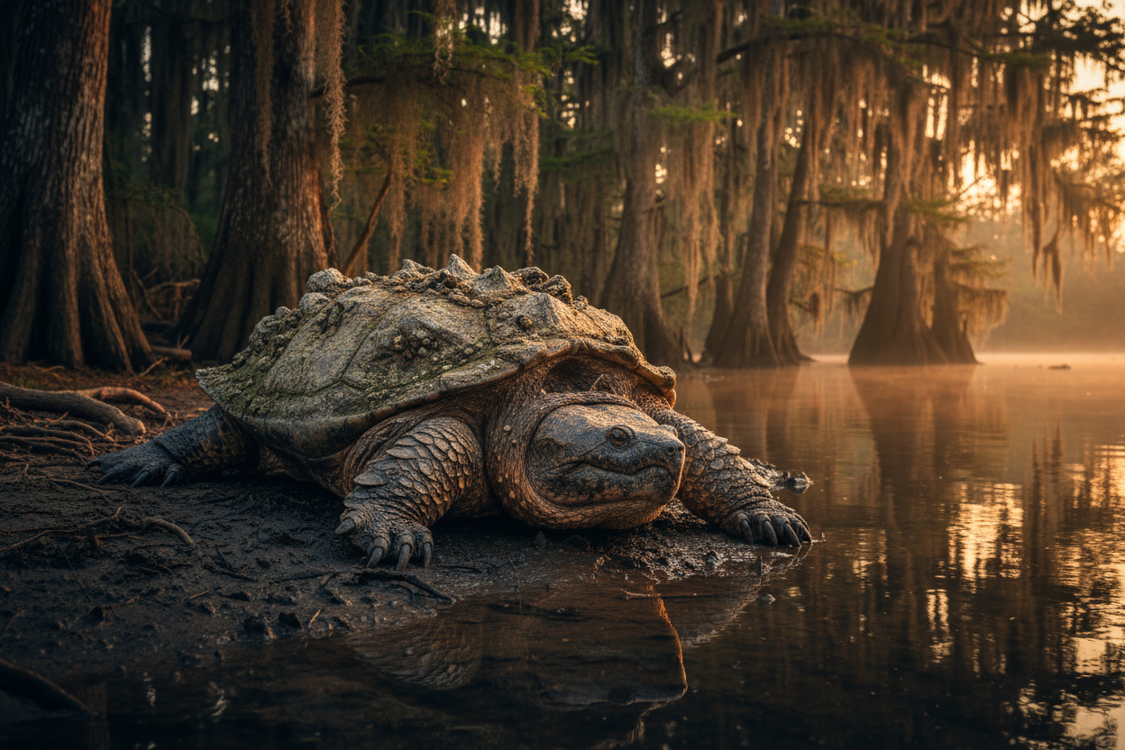 Massive alligator snapping turtle on Louisiana bayou bank at golden hour — Beast of Bayou Sel