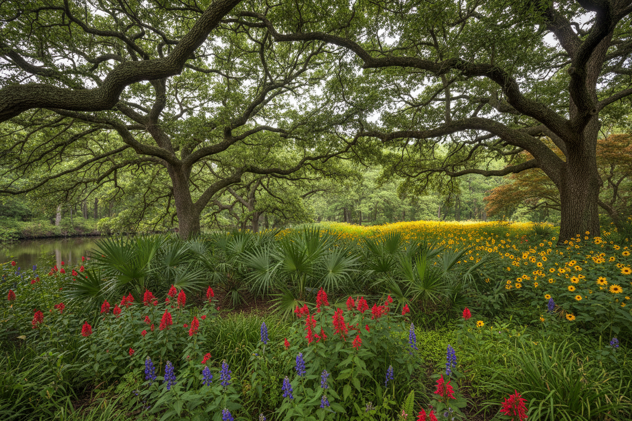 Jardin — The Living Canopy & Understory — layered Louisiana native garden scene with canopy oaks, Dwarf Palmetto, Cardinal Flower and bayou water, Big Mamou Enterprises