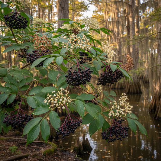 Mature elderberry plant with deep purple berry clusters, soft bayou light, Cajun bayou aesthetic