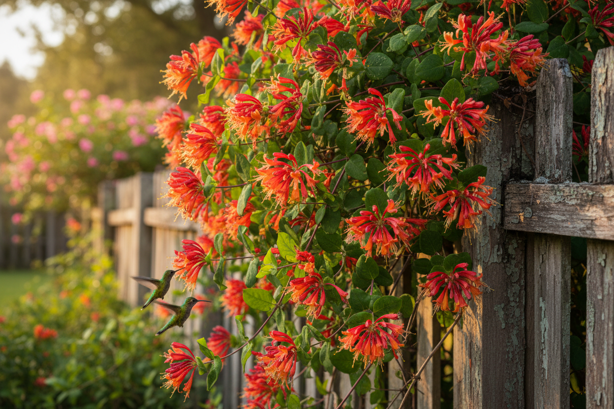 Coral Honeysuckle (Lonicera sempervirens) — native hummingbird vine with scarlet and gold tubular flowers, Cajun Prairie Heritage, Big Mamou Enterprises
