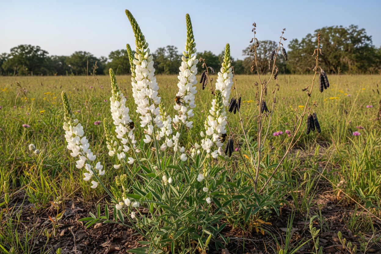 Wild Indigo (Baptisia alba) — native white prairie indigo with elegant pea-like spring flowers and rattling black seed pods, Prairie Movement Strip, Big Mamou Enterprises