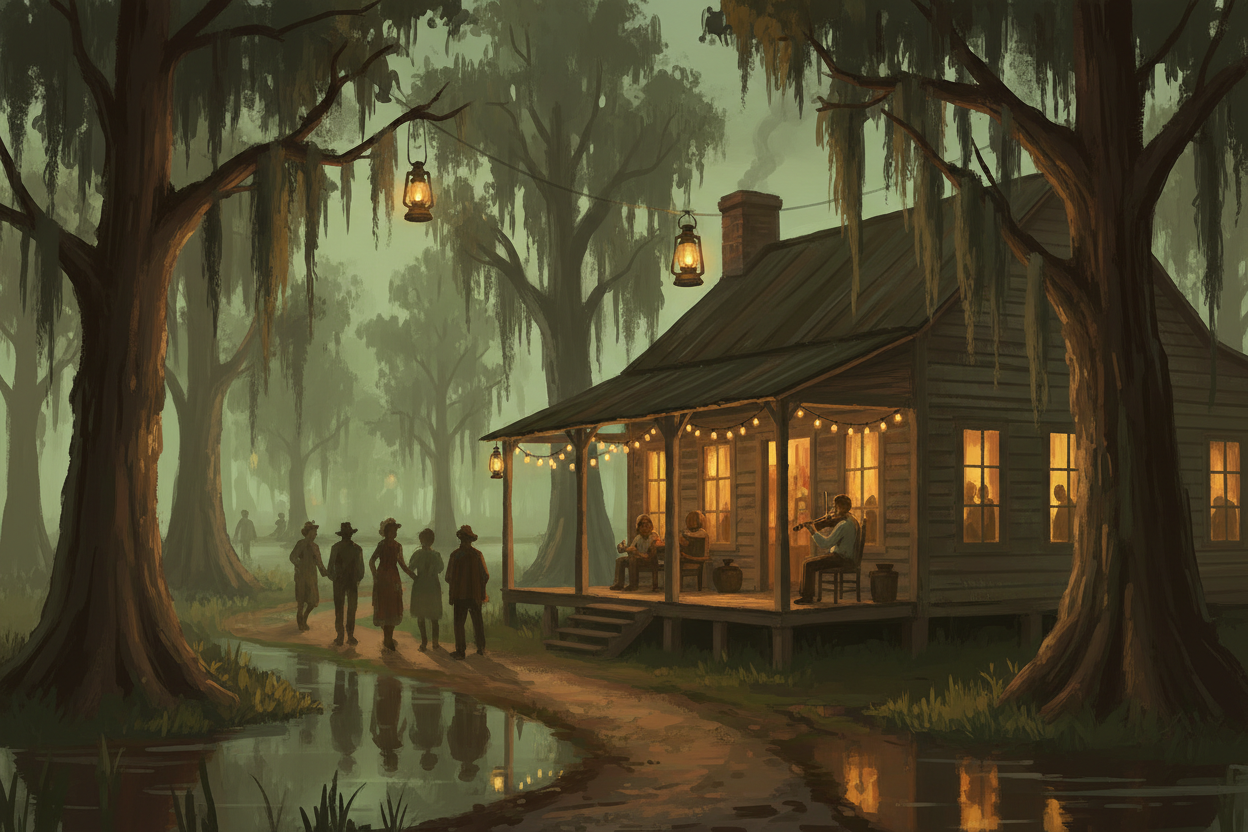 A warm bayou evening Veillée gathering — lamplight, cypress trees, Spanish moss, neighbors arriving, fiddle player on the porch. Real Time Cajun by Big Mamou Enterprises.