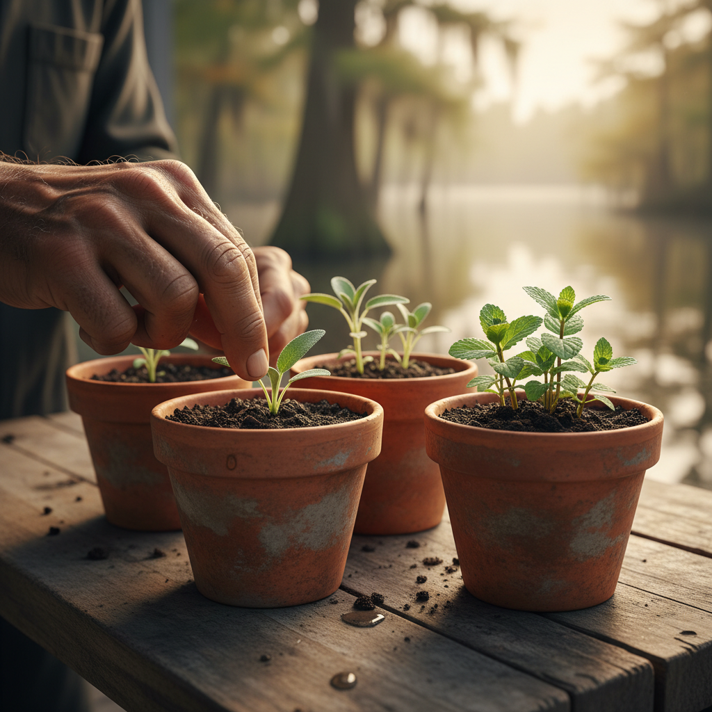 Traiteur healer examining medicinal herb seedlings in early sprout stage on a bayou porch