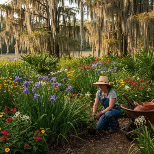 Gardener kneeling in a native Louisiana heritage garden in full bloom with bayou backdrop
