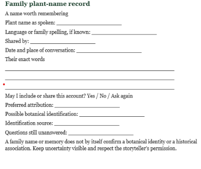 Family plant-name record sample from L’Apotik du Traiteur, with spaces for a plant’s spoken name, family spelling, storyteller’s words, sharing permission, and identification notes.