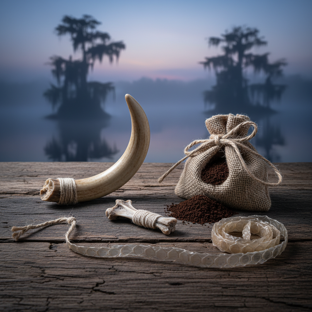 Traiteur's Hunter's Kit — wild hog tooth, bone charm, coffee pouch, and shed snake skin on dark wood