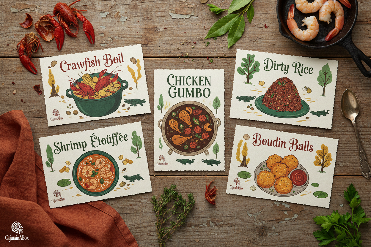Five CajunInABox recipe postcards laid out on a rustic bayou-style wooden table