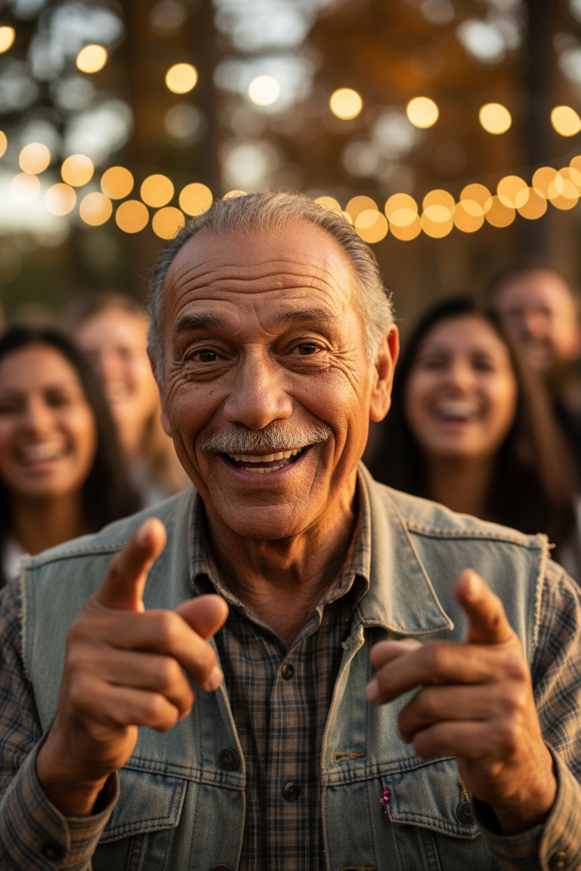 Close-up portrait of a charismatic Cajun storyteller mid-story, face full of joy and expression
