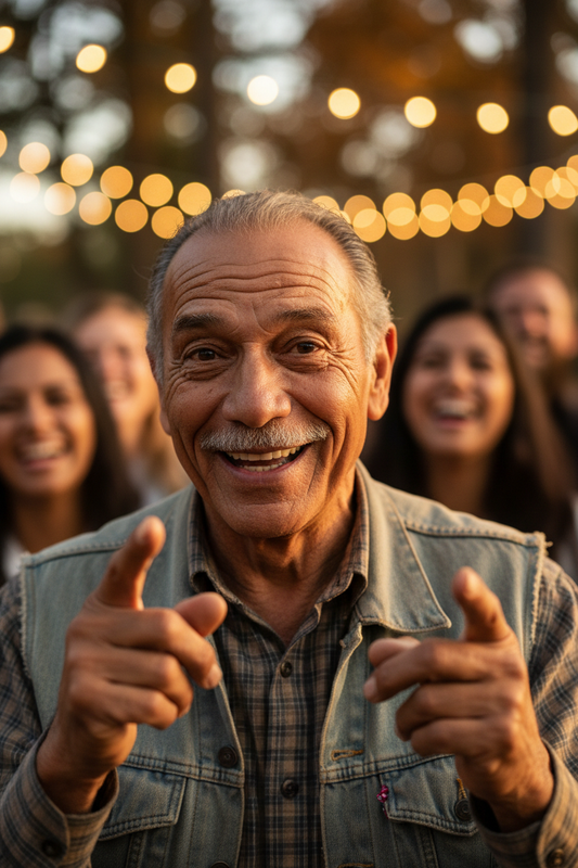 Close-up portrait of a charismatic Cajun storyteller mid-story, face full of joy and expression