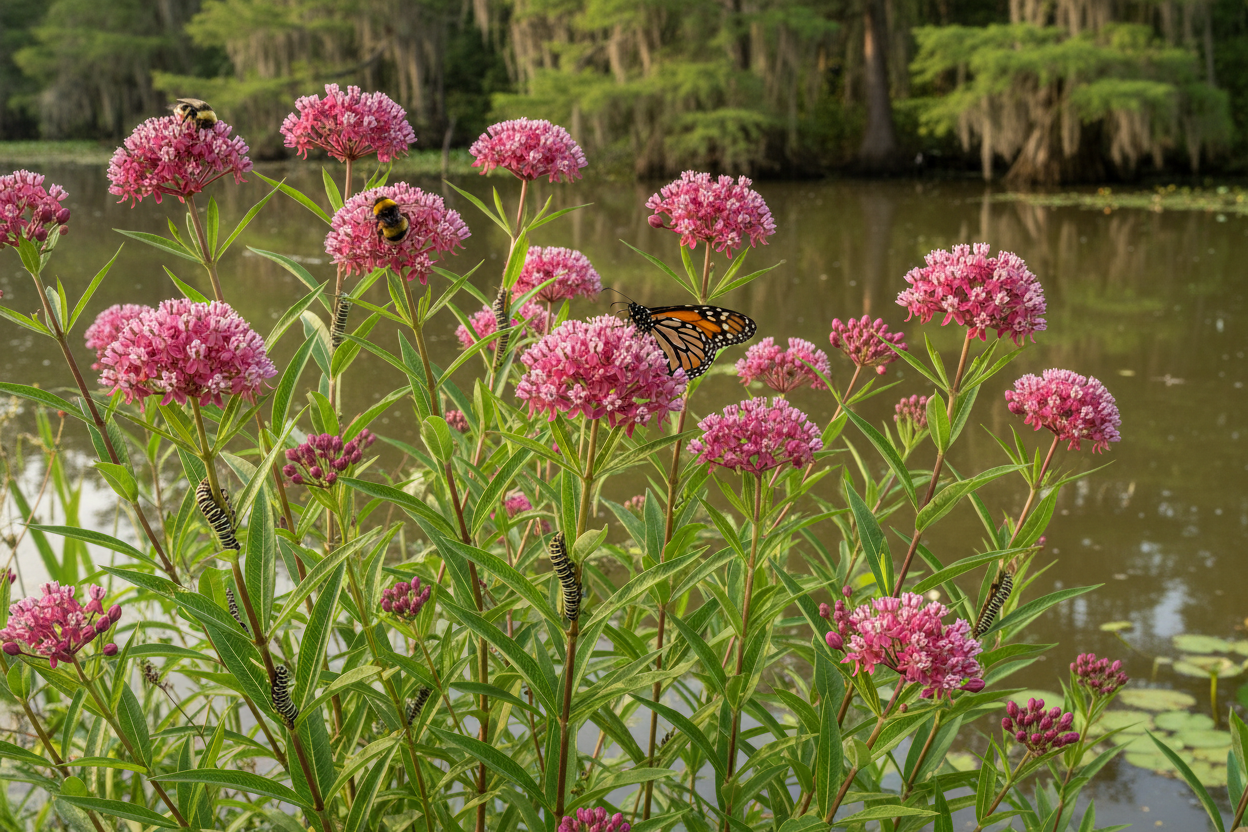 Swamp Milkweed (Asclepias incarnata) — native monarch host plant with rose-pink flowers at the bayou edge, Jardin Healing Garden, Big Mamou Enterprises