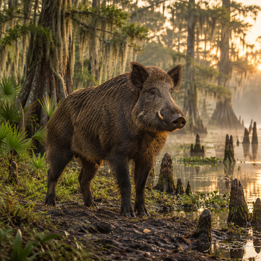 Large wild boar in a Louisiana bayou scene