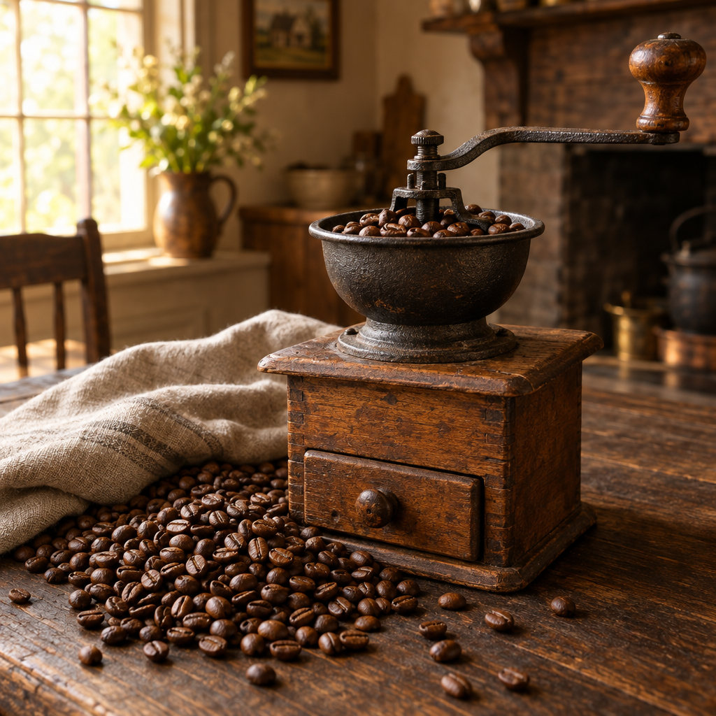 Vintage coffee grinder and roasted beans on rustic wood in warm morning light
