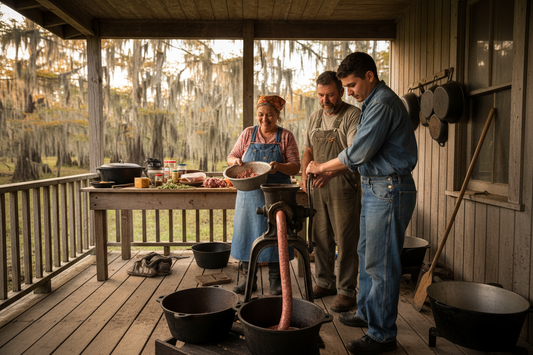 la boucherie pis la façonner du boudin »   (lah boo‑SHREE pee lah fah‑SOH‑nay doo boo‑DAN)