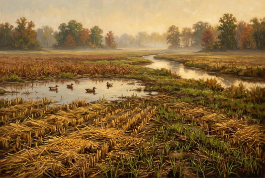 Story-inspired illustration of a harvested Louisiana rice field with young rye grass and a flooded corner.