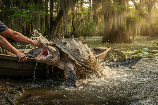 Large alligator snapping turtle being hauled into a pirogue on Bayou Blue, Louisiana — Real Time Cajun wildlife photography by Big Mamou Enterprises