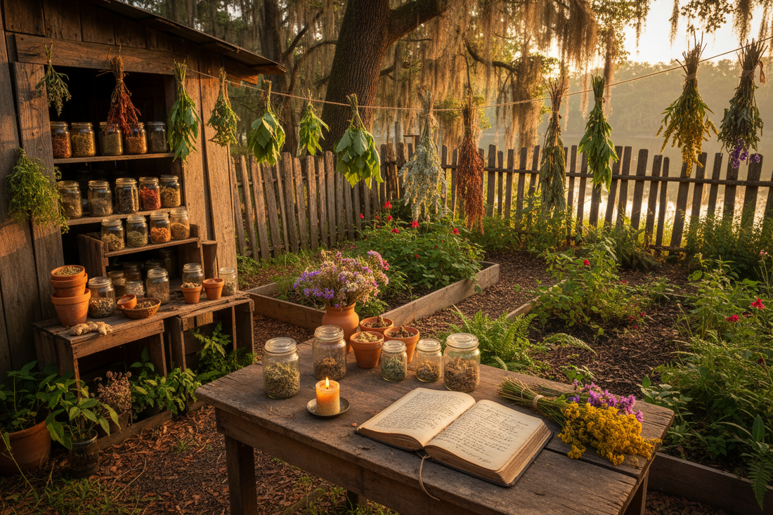"A Cajun traiteur's healing garden — dried herb bundles, clay pots, native Louisiana medicinal plants, a worn remedy book and candlelight at golden hour"
