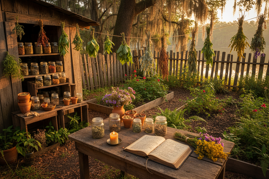 "A Cajun traiteur's healing garden — dried herb bundles, clay pots, native Louisiana medicinal plants, a worn remedy book and candlelight at golden hour"