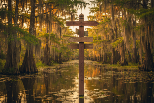 Rustic wooden signpost in a Louisiana bayou at golden hour — a decision guide for RealtimeCajun AI consulting services by Big Mamou Enterprises