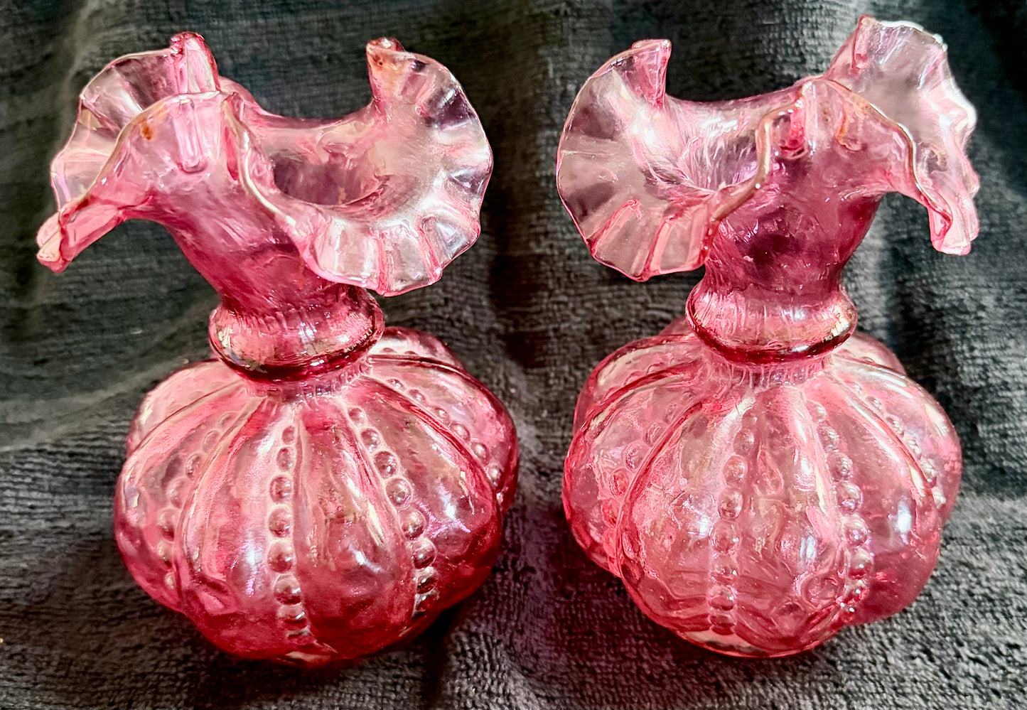Fenton Beaded Optic Melon Cranberry Vases — Double-Crimped Ruffled Rim (Pair or Single)