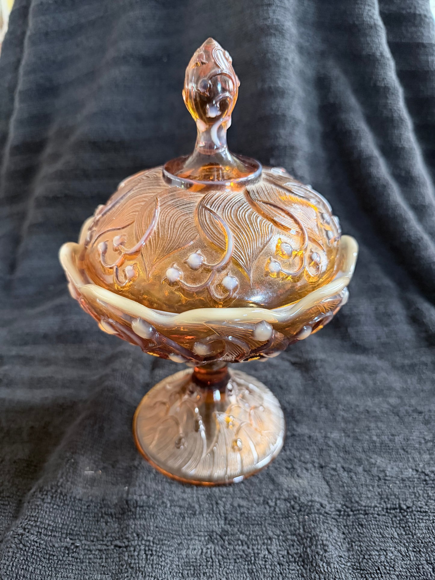 Fenton Lily of the Valley Candy Dish — Amber Cameo Opalescent, Footed, American Art Glass