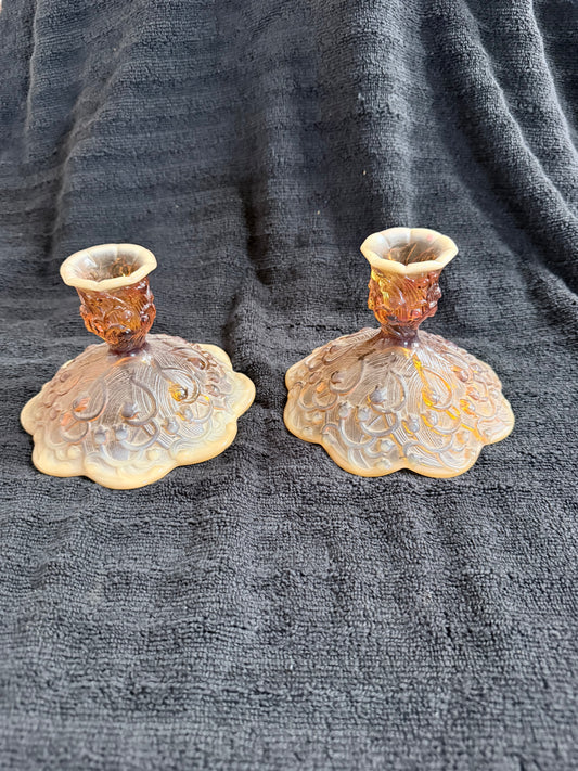 Fenton Lily of the Valley Candle Holders — Cameo Opalescent, Matched Pair, American Art Glass