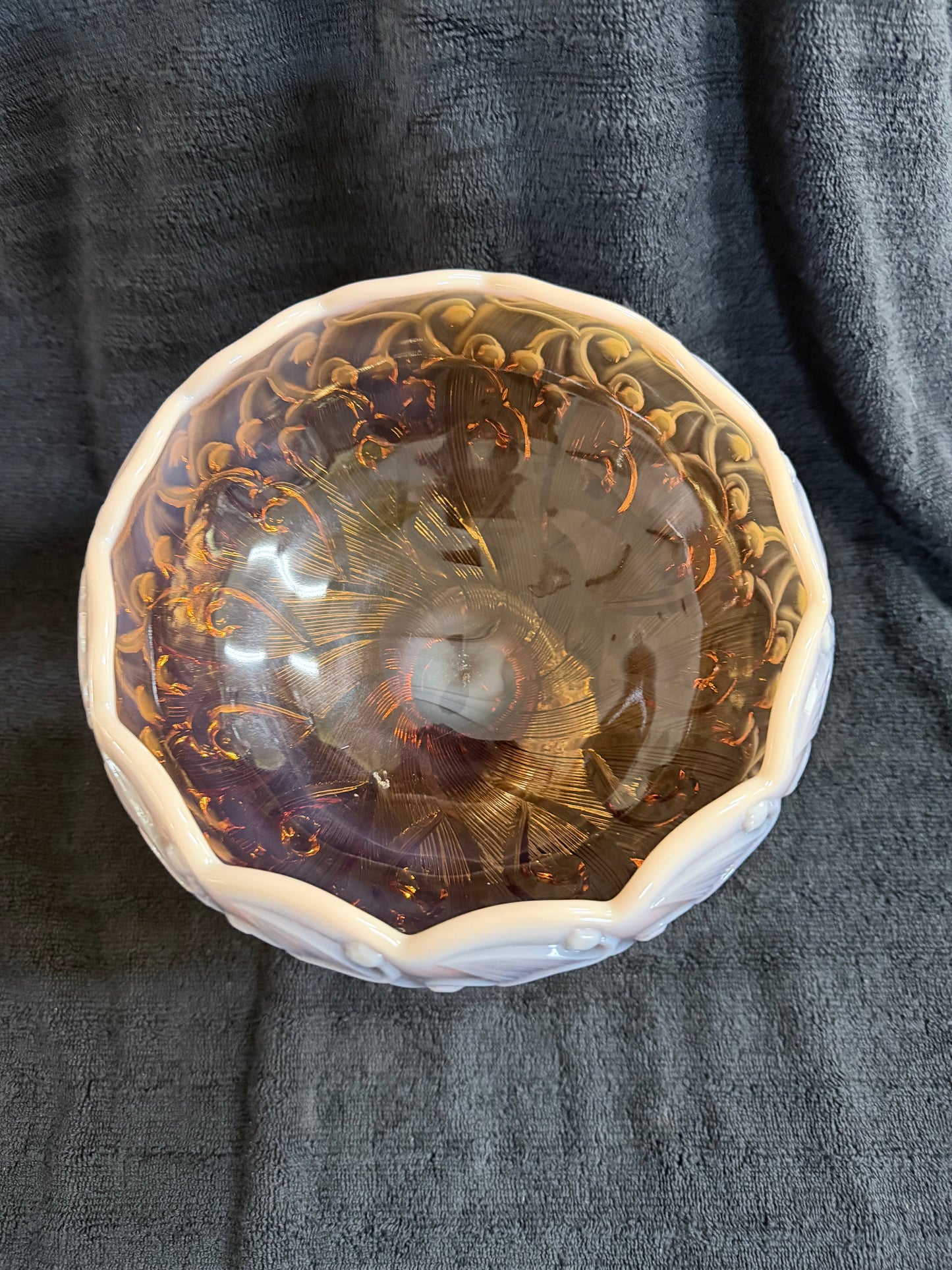 Fenton Lily of the Valley Cameo Opalescent Compote — Footed Bowl, American Art Glass