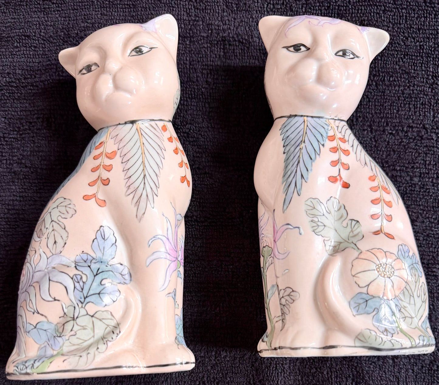 Vintage Chinese Hand-Painted Ceramic Cat Figurines — Floral Botanical Motif, Matched Pair