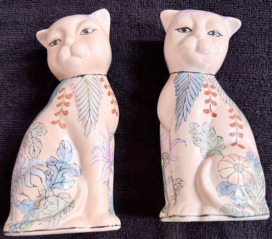 Vintage Chinese Hand-Painted Ceramic Cat Figurines — Floral Botanical Motif, Matched Pair