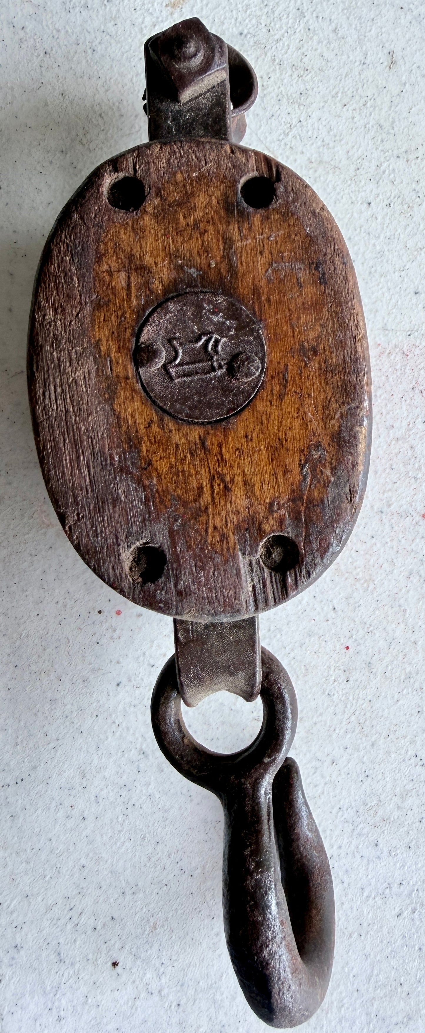 Antique Wooden Block & Tackle Pulley – P.S. Co. / Puffer-Hubbard – Single Sheave, Early 1900s