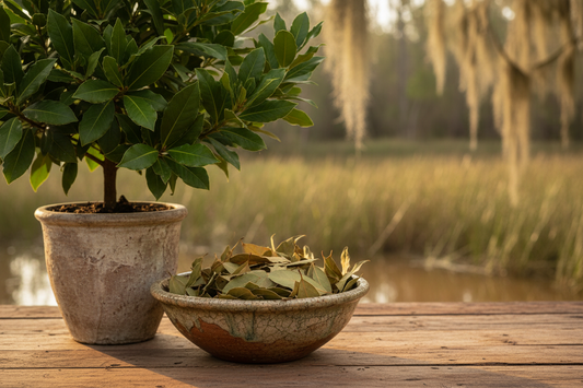 Bay Laurel Tree with Ceramic Bowl of Dried Bay Leaves