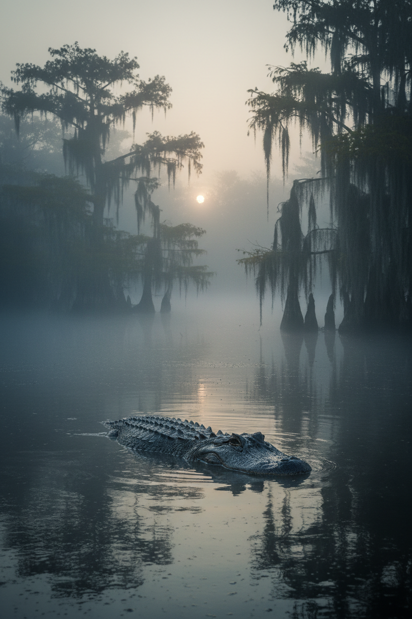 Bayou Alligator in Morning Mist